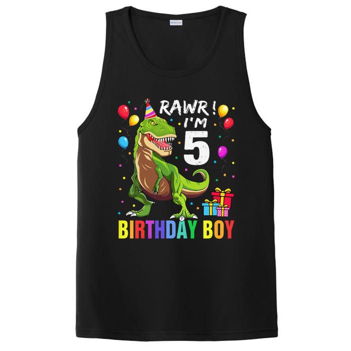 5 Year Old 5th Birthday Boy T Rex Dinosaur PosiCharge Competitor Tank