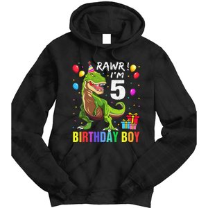 5 Year Old 5th Birthday Boy T Rex Dinosaur Tie Dye Hoodie