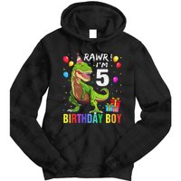 5 Year Old 5th Birthday Boy T Rex Dinosaur Tie Dye Hoodie