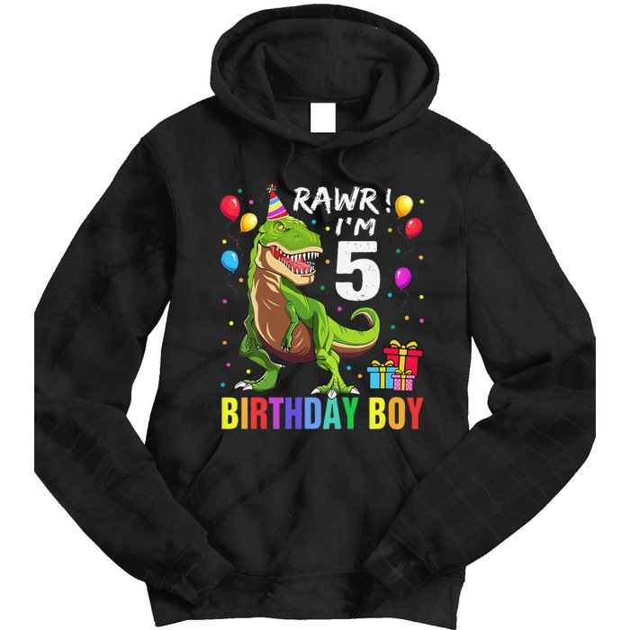 5 Year Old 5th Birthday Boy T Rex Dinosaur Tie Dye Hoodie