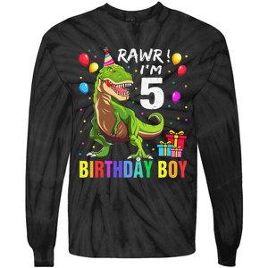 5 Year Old 5th Birthday Boy T Rex Dinosaur Tie-Dye Long Sleeve Shirt