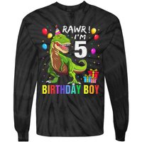 5 Year Old 5th Birthday Boy T Rex Dinosaur Tie-Dye Long Sleeve Shirt