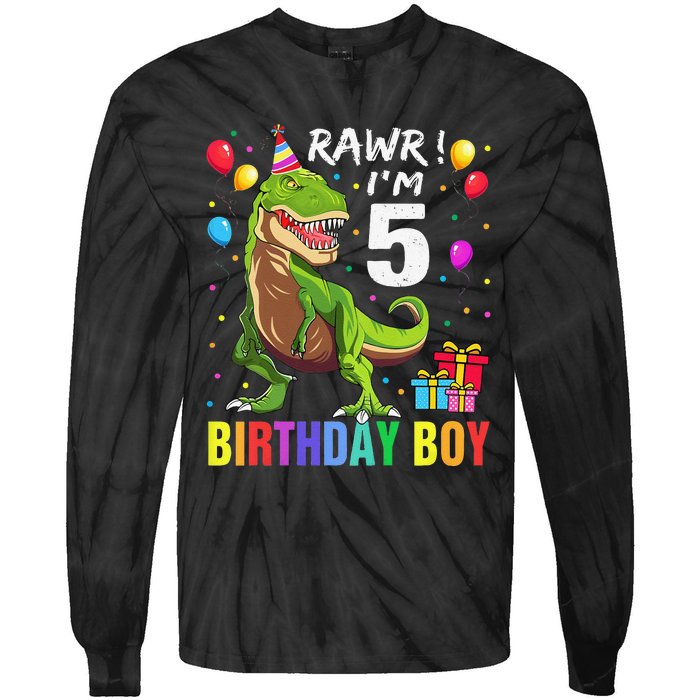 5 Year Old 5th Birthday Boy T Rex Dinosaur Tie-Dye Long Sleeve Shirt