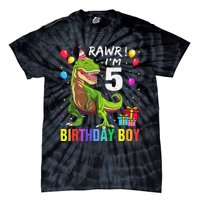 5 Year Old 5th Birthday Boy T Rex Dinosaur Tie-Dye T-Shirt