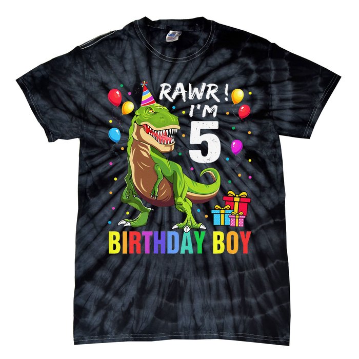 5 Year Old 5th Birthday Boy T Rex Dinosaur Tie-Dye T-Shirt