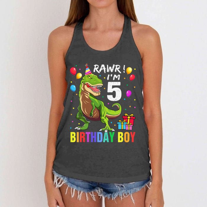 5 Year Old 5th Birthday Boy T Rex Dinosaur Women's Knotted Racerback Tank