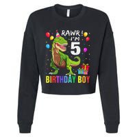 5 Year Old 5th Birthday Boy T Rex Dinosaur Cropped Pullover Crew