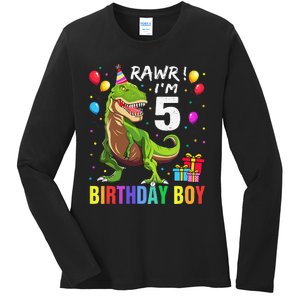 5 Year Old 5th Birthday Boy T Rex Dinosaur Ladies Long Sleeve Shirt