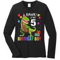 5 Year Old 5th Birthday Boy T Rex Dinosaur Ladies Long Sleeve Shirt