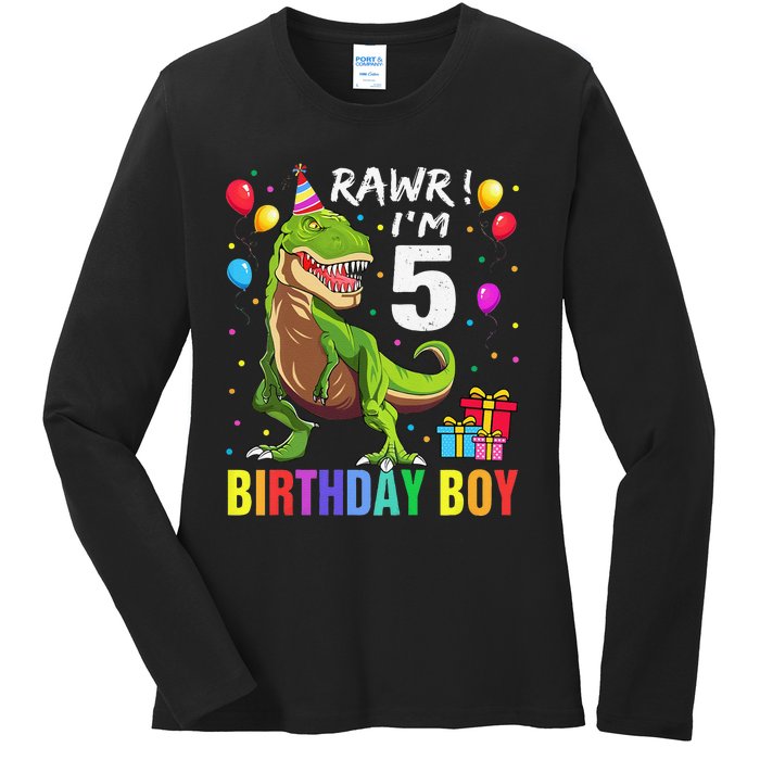 5 Year Old 5th Birthday Boy T Rex Dinosaur Ladies Long Sleeve Shirt