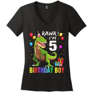 5 Year Old 5th Birthday Boy T Rex Dinosaur Women's V-Neck T-Shirt