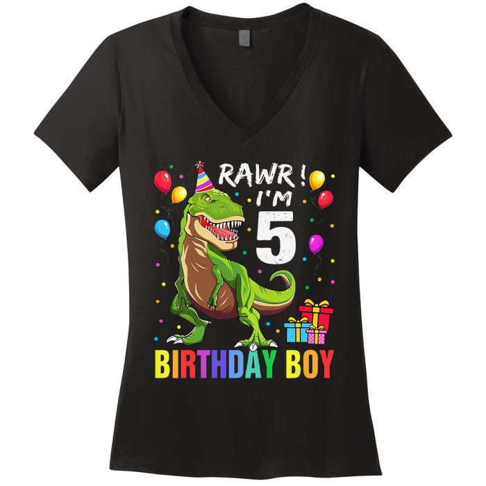 5 Year Old 5th Birthday Boy T Rex Dinosaur Women's V-Neck T-Shirt