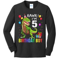 5 Year Old 5th Birthday Boy T Rex Dinosaur Kids Long Sleeve Shirt