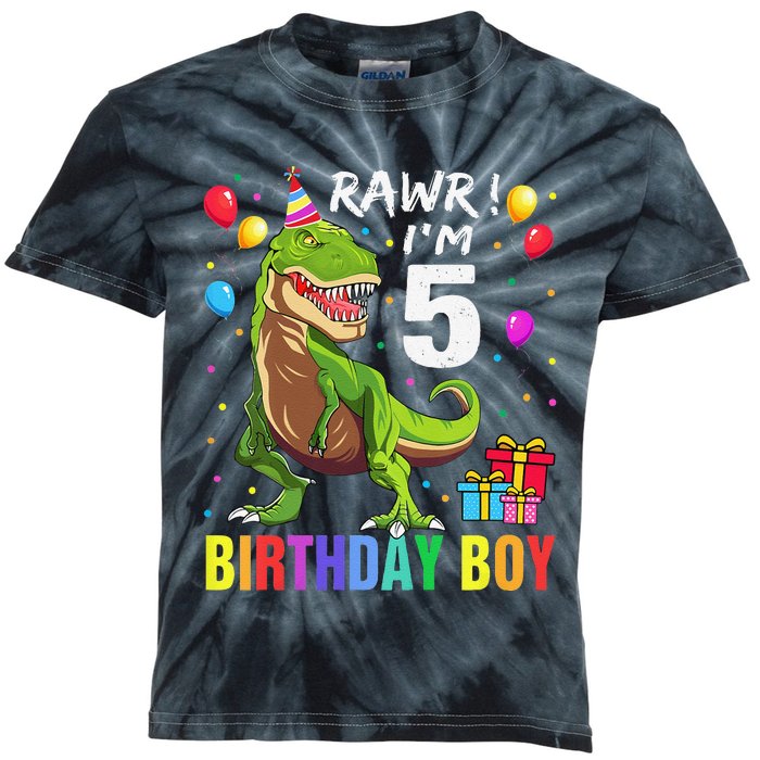 5 Year Old 5th Birthday Boy T Rex Dinosaur Kids Tie-Dye T-Shirt