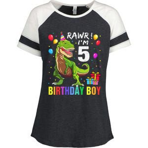 5 Year Old 5th Birthday Boy T Rex Dinosaur Enza Ladies Jersey Colorblock Tee