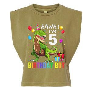 5 Year Old 5th Birthday Boy T Rex Dinosaur Garment-Dyed Women's Muscle Tee