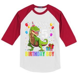 5 Year Old 5th Birthday Boy T Rex Dinosaur Kids Colorblock Raglan Jersey