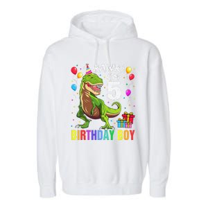 5 Year Old 5th Birthday Boy T Rex Dinosaur Garment-Dyed Fleece Hoodie