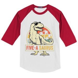 5 Year Old Dinosaur Birthday 5th T Rex Dino Five Saurus Gift Kids Colorblock Raglan Jersey