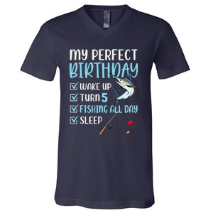 5 Year Old Fishing Birthday Party 5th Boy Bday Five V-Neck T-Shirt