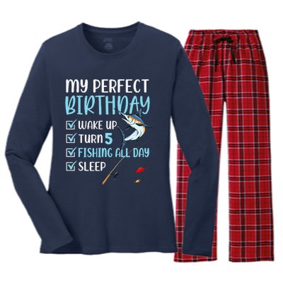 5 Year Old Fishing Birthday Party 5th Boy Bday Five Women's Long Sleeve Flannel Pajama Set 