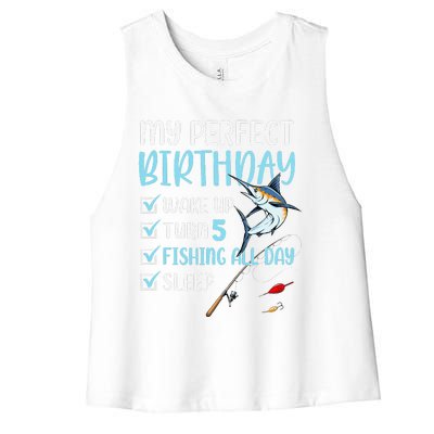 5 Year Old Fishing Birthday Party 5th Boy Bday Five Women's Racerback Cropped Tank