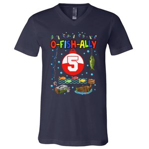 5 Year Old Fishing 5th Birthday Boy Bday Party Decorations V-Neck T-Shirt