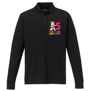 5 Years Old Unicorn Flossing 5th Birthday Girl Unicorn Party Performance Long Sleeve Polo