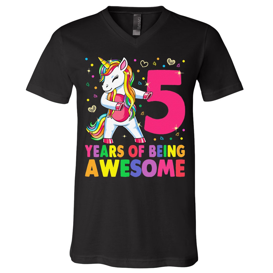 5 Years Old Unicorn Flossing 5th Birthday Girl Unicorn Party V-Neck T-Shirt