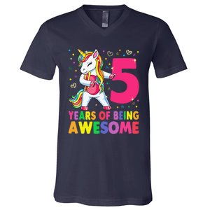 5 Years Old Unicorn Flossing 5th Birthday Girl Unicorn Party V-Neck T-Shirt