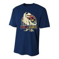 5 Year Old Dinosaur Birthday 5th T Rex Dino Five Saurus Youth Performance Sprint T-Shirt