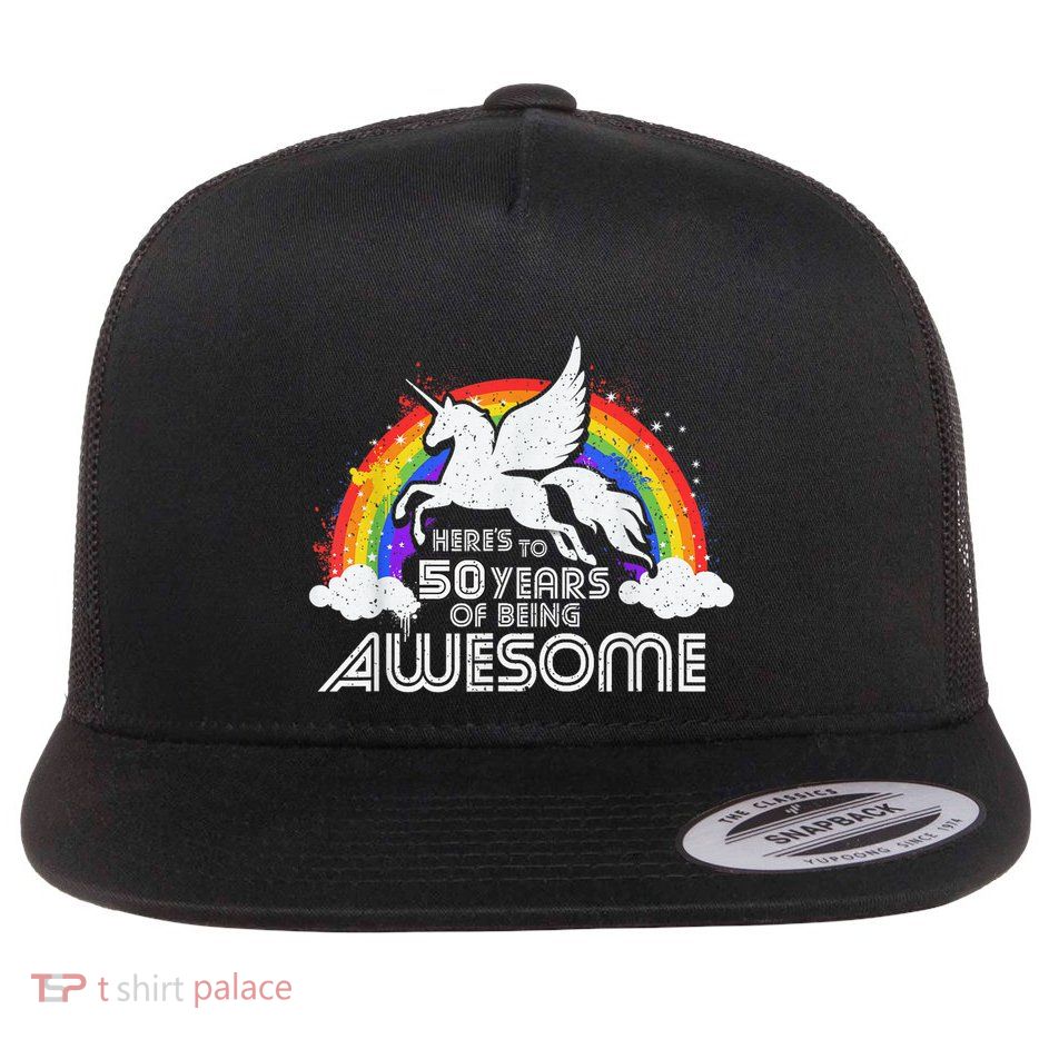 50 Years Of Being Awesome Unicorn Rainbow 50th Birthday Flat Bill Trucker Hat