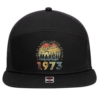 50 Year Old Awesome Since March 1973 50th Birthday 7 Panel Mesh Trucker Snapback Hat