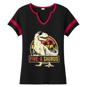 5 Year Old Dinosaur Birthday 5th T Rex Dino Five Saurus Ladies Halftime Notch Neck Tee