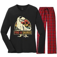 5 Year Old Dinosaur Birthday 5th T Rex Dino Five Saurus Women's Long Sleeve Flannel Pajama Set 