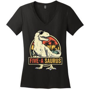 5 Year Old Dinosaur Birthday 5th T Rex Dino Five Saurus Women's V-Neck T-Shirt