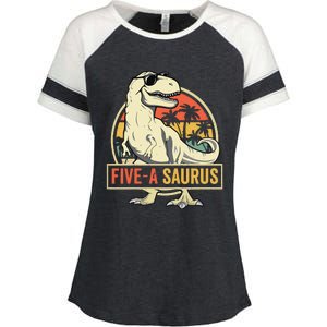 5 Year Old Dinosaur Birthday 5th T Rex Dino Five Saurus Enza Ladies Jersey Colorblock Tee