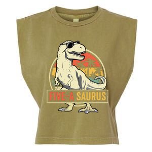 5 Year Old Dinosaur Birthday 5th T Rex Dino Five Saurus Garment-Dyed Women's Muscle Tee