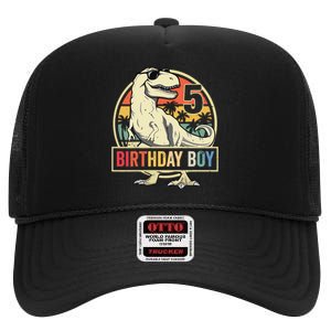 5 Year Old 5th Birthday T Rex Dinosaur High Crown Mesh Back Trucker Hat