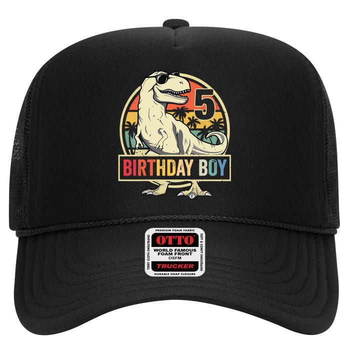 5 Year Old 5th Birthday T Rex Dinosaur High Crown Mesh Back Trucker Hat