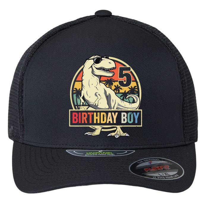 5 Year Old 5th Birthday T Rex Dinosaur Flexfit Unipanel Trucker Cap