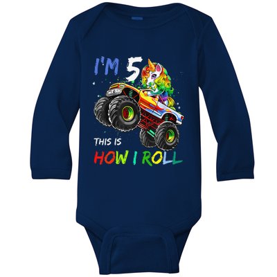 5 Years Old Unicorn Monster Truck 5th Birthday Gift For Baby Long Sleeve Bodysuit