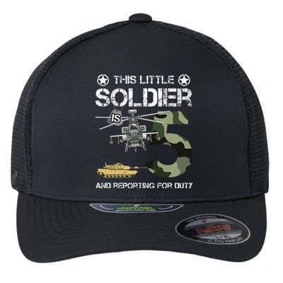 5 Year Old Soldier Camo Army Birthday Themed Military Family Flexfit Unipanel Trucker Cap