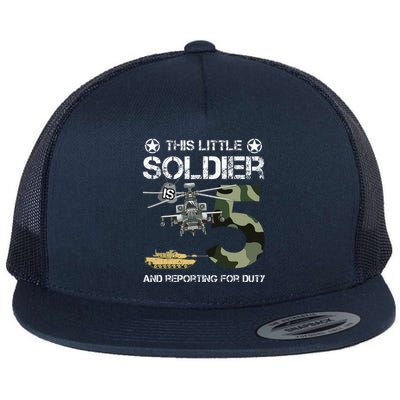 5 Year Old Soldier Camo Army Birthday Themed Military Family Flat Bill Trucker Hat