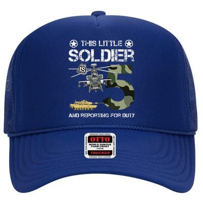 5 Year Old Soldier Camo Army Birthday Themed Military Family High Crown Mesh Back Trucker Hat