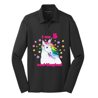 5 Year Old Birthday Number Unicorn Magical T Silk Touch Performance Long Sleeve Polo