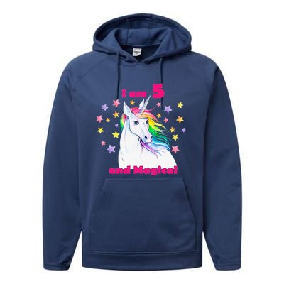 5 Year Old Birthday Number Unicorn Magical T Performance Fleece Hoodie