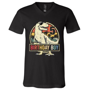 5 Year Old  5th Birthday  T Rex Dinosaur V-Neck T-Shirt