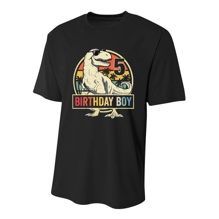 5 Year Old  5th Birthday  T Rex Dinosaur Youth Performance Sprint T-Shirt