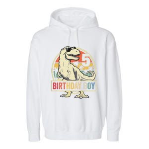 5 Year Old  5th Birthday  T Rex Dinosaur Garment-Dyed Fleece Hoodie